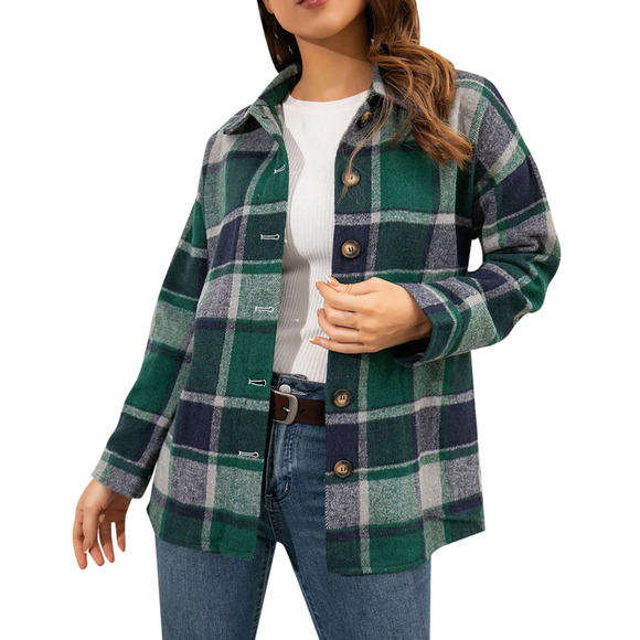 Womans Green Plaid Flannel Western Casual Button Down Shirt Shacket Size Large - Picture 1 of 5